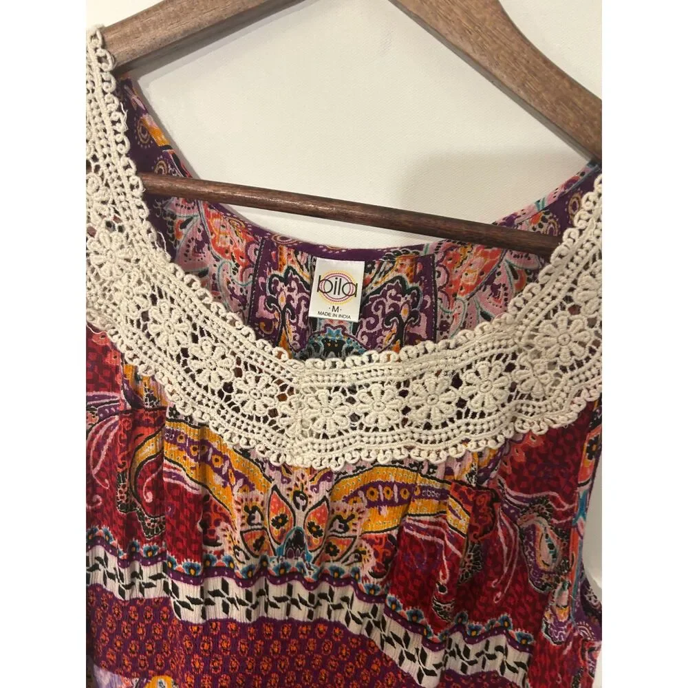Bila Boho Paisley Midi Dress M Crochet Lace Neck Sleeveless Handkerchief Hem - Picture 4 of 6
